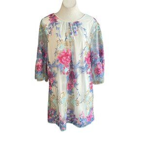 Beige by ECI Women's Shanghairski Floral Embroidered Mesh Dress Size 16